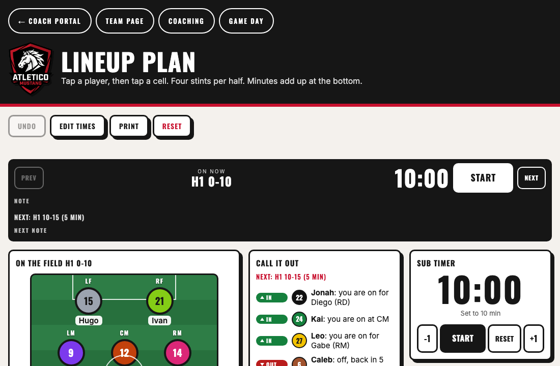 The lineup board: the formation on the pitch, the call-it-out list of substitutions, and a sub timer.